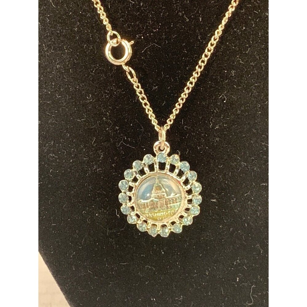 Silver Tone Curb Chain Necklace & Washington DC Pendant W/Blue Rhinestones (905) - Picture 4 of 4